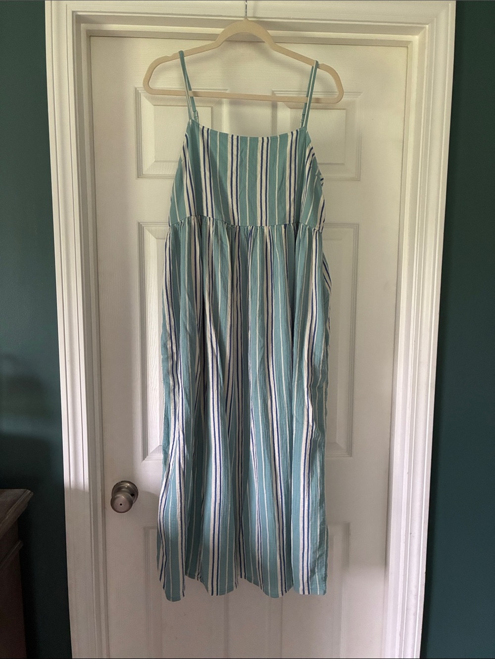 Hanna Andersson Teal and White Striped Maxi Sundress 100% cotton